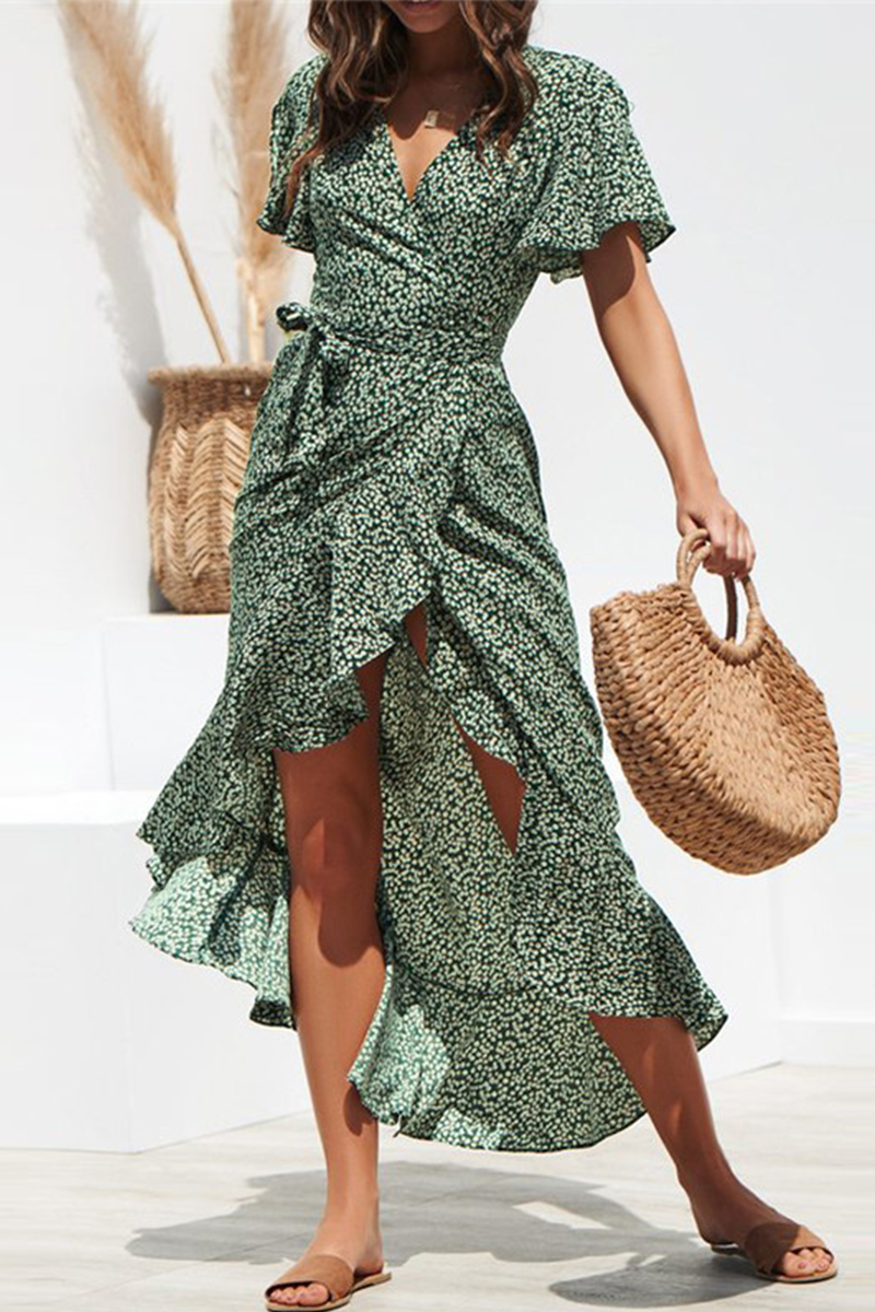 Wrap V Neck Flutter Sleeve Tie Waist Ditsy Floral High Low Ruffle Hem Midi Dress