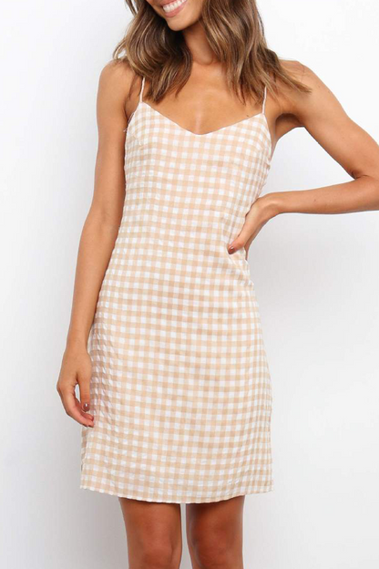 V Neck Spaghetti Strap Gingham Check Shift Mini Dress