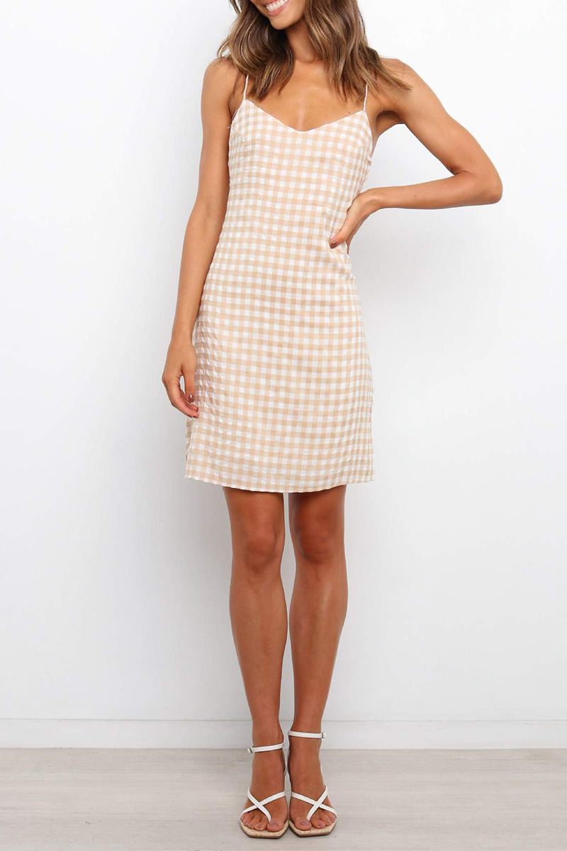 V Neck Spaghetti Strap Gingham Check Shift Mini Dress