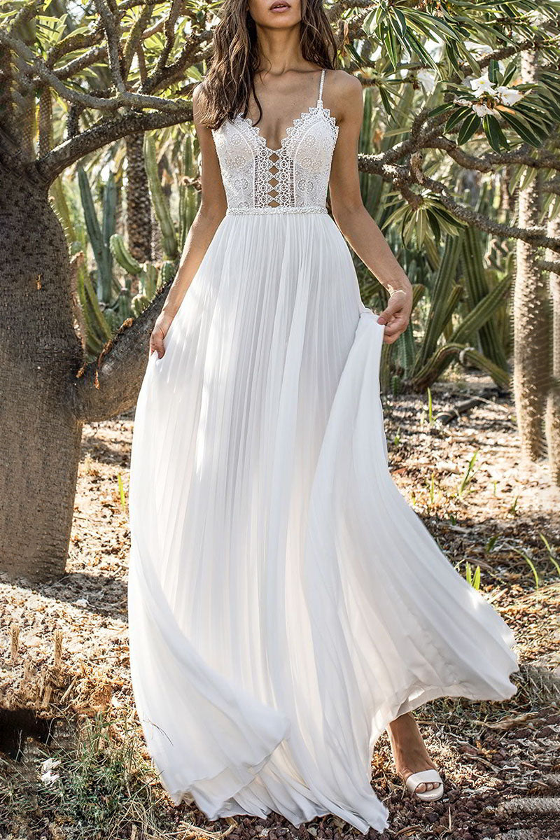 Lace Bodice Lattice Cutout Spaghetti Strap Pleated Chiffon Maxi Dress