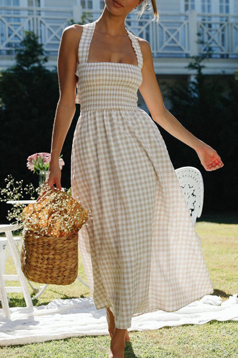 Gingham Smocked Square Neck Halter Strap Flowy Maxi Dress