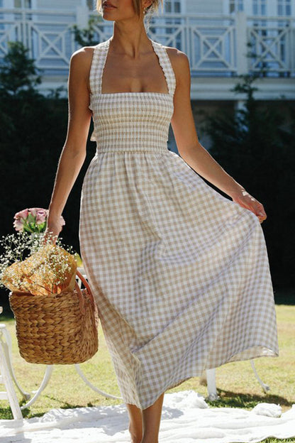 Gingham Smocked Square Neck Halter Strap Flowy Maxi Dress