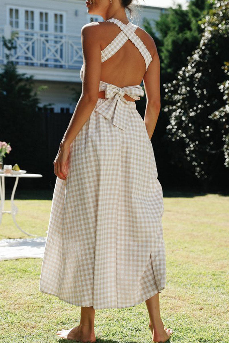 Gingham Smocked Square Neck Halter Strap Flowy Maxi Dress