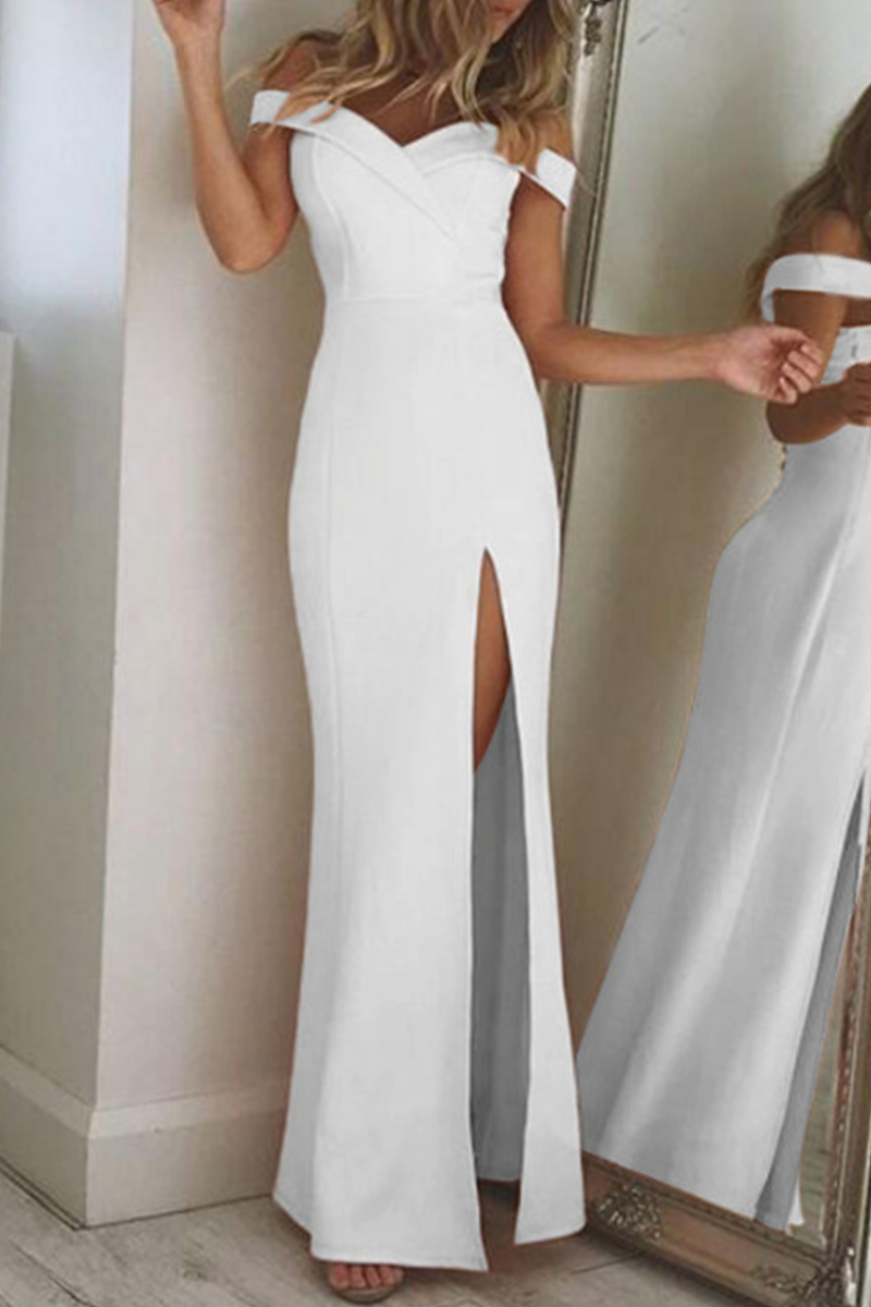 Off Shoulder Surplice Neckline High Slit Bodycon Maxi Gown