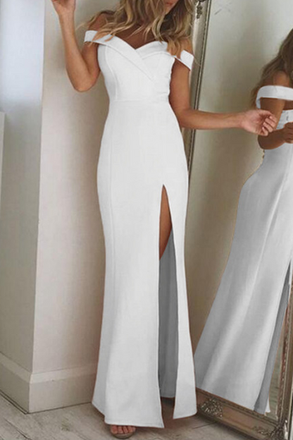 Off Shoulder Surplice Neckline High Slit Bodycon Maxi Gown
