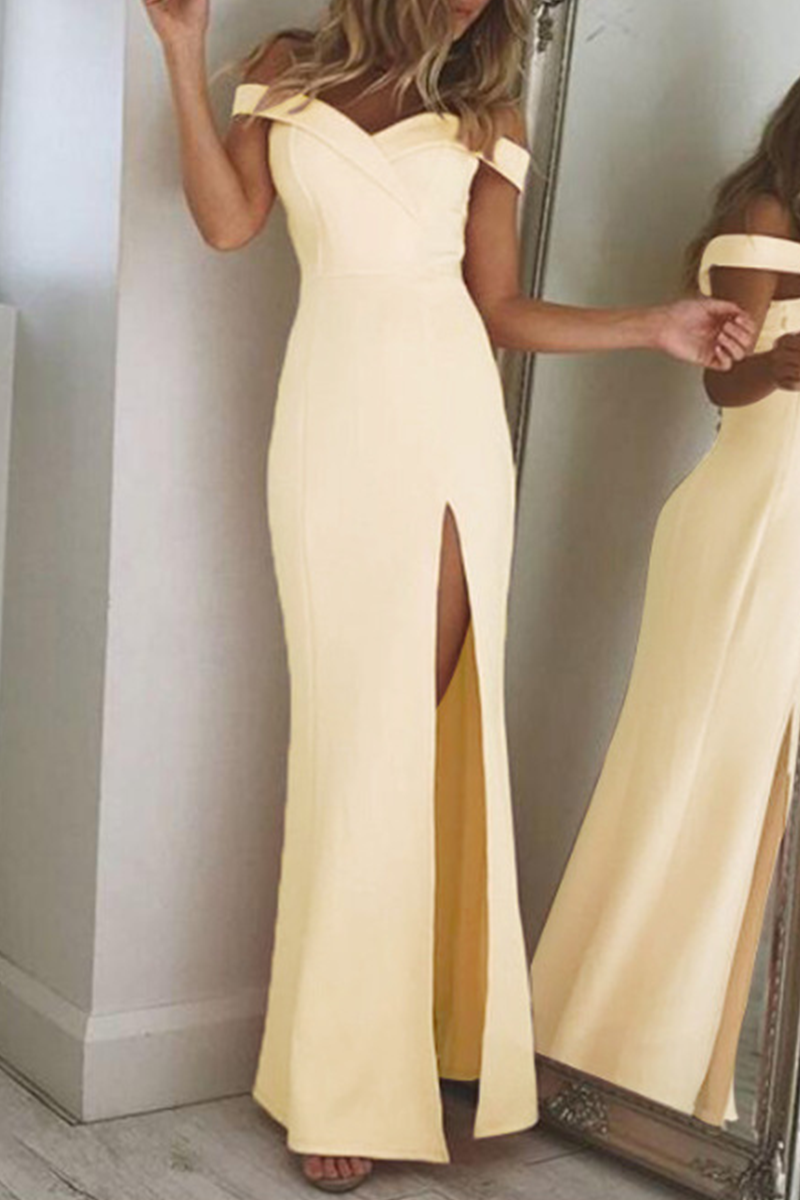 Off Shoulder Surplice Neckline High Slit Bodycon Maxi Gown