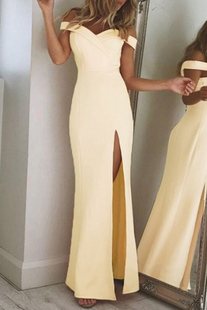 Off Shoulder Surplice Neckline High Slit Bodycon Maxi Gown