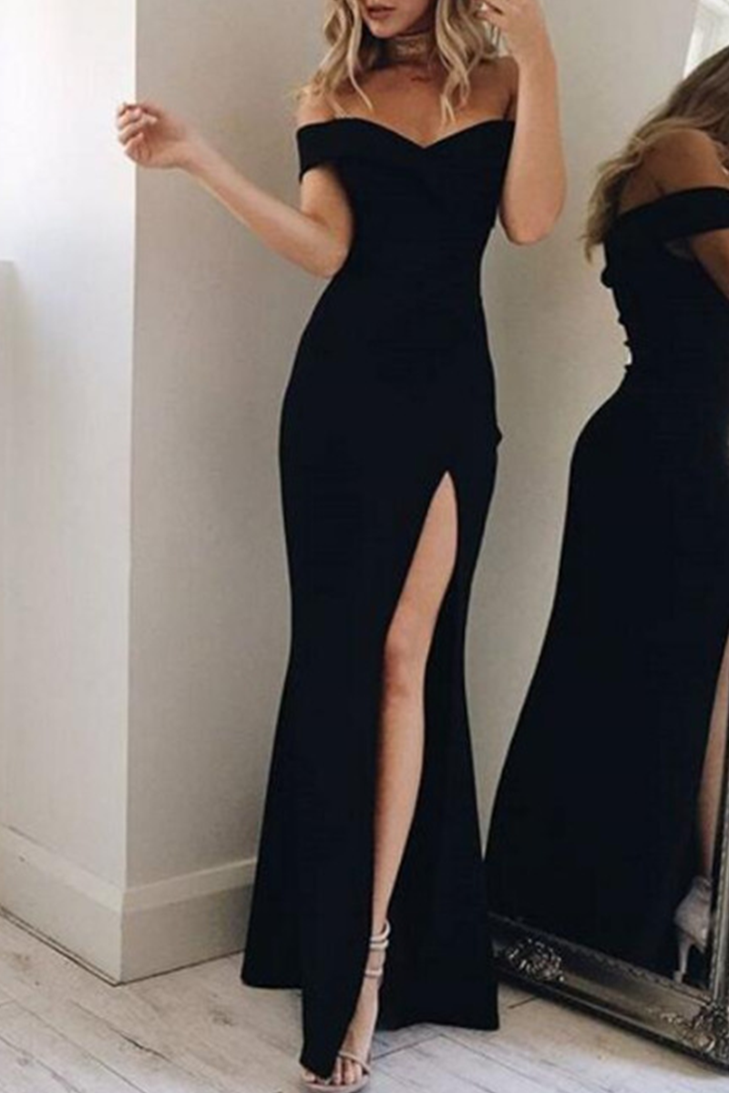 Off Shoulder Surplice Neckline High Slit Bodycon Maxi Gown
