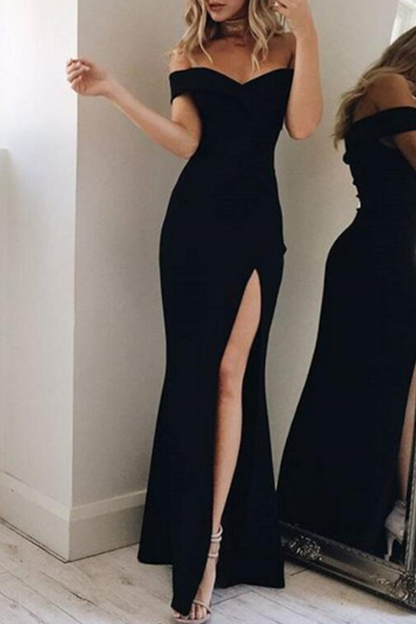 Off Shoulder Surplice Neckline High Slit Bodycon Maxi Gown