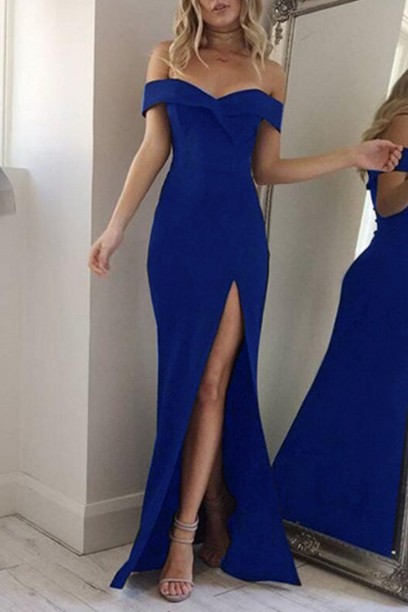 Off Shoulder Surplice Neckline High Slit Bodycon Maxi Gown