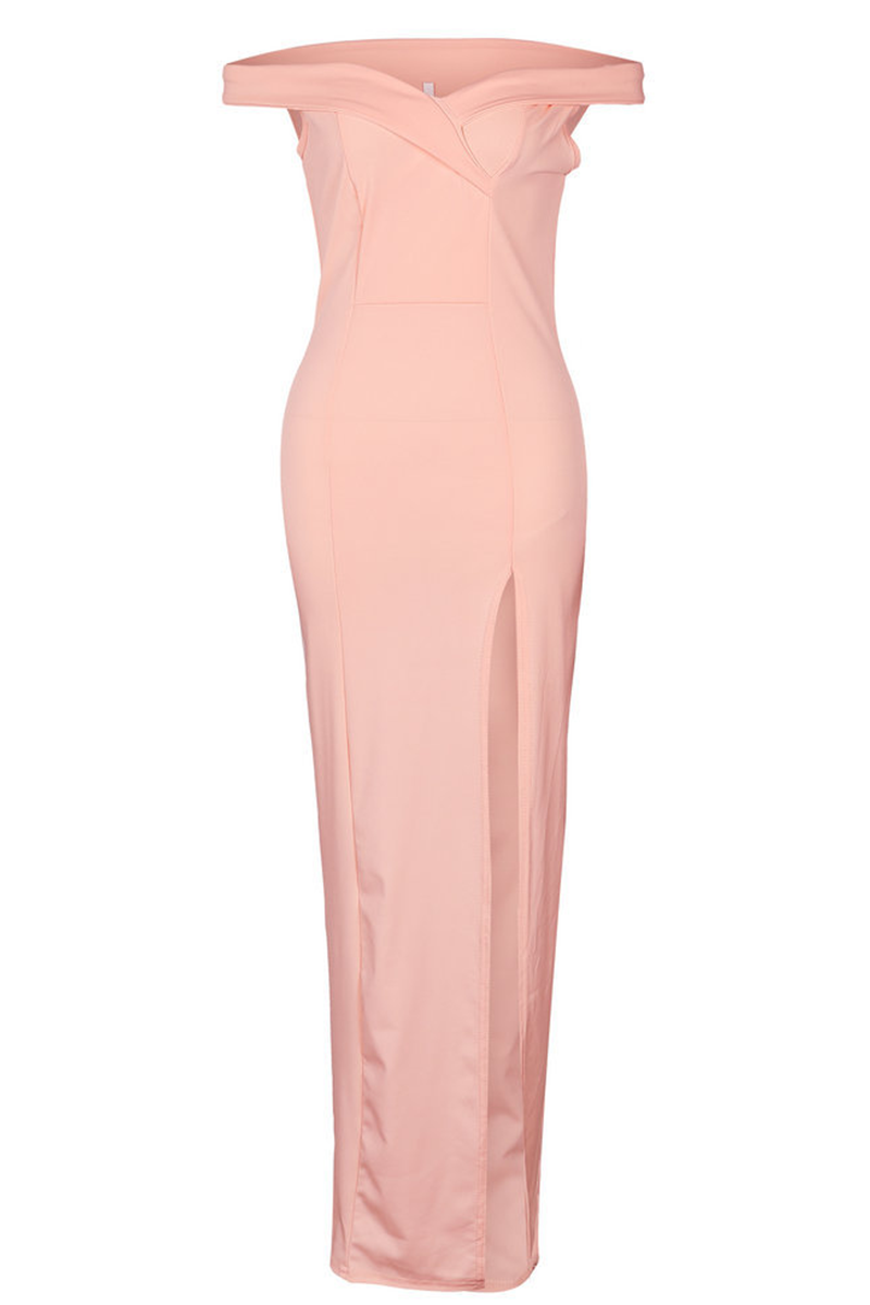 Off Shoulder Surplice Neckline High Slit Bodycon Maxi Gown