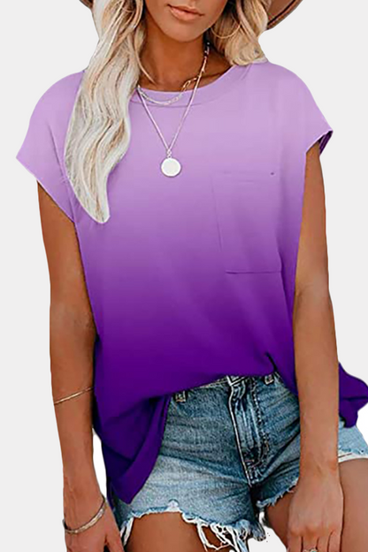 Casual Street Gradual Change Pocket O Neck T-Shirts(6 Colors)