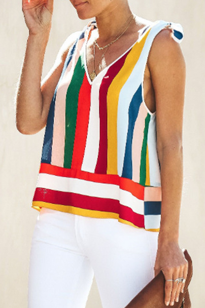 Elegant Striped Patchwork Strap Design V Neck Tops