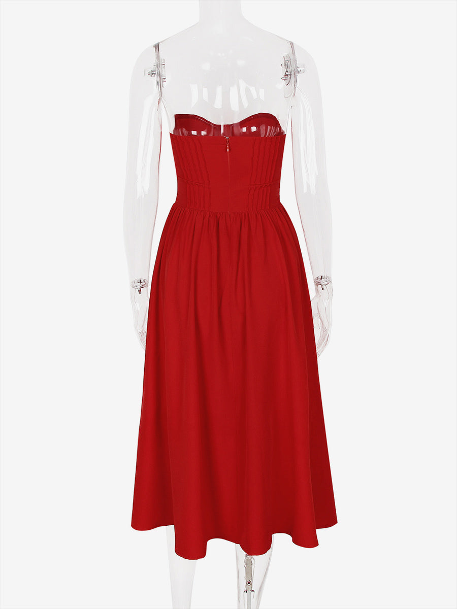Red Party Dress Strapless Backless Retro Elegant Midi Dress
