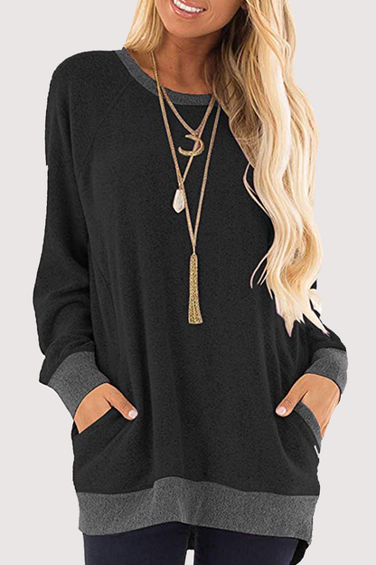 Casual Patchwork Pocket O Neck Tops