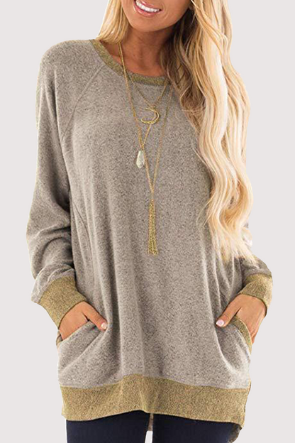 Casual Patchwork Pocket O Neck Tops