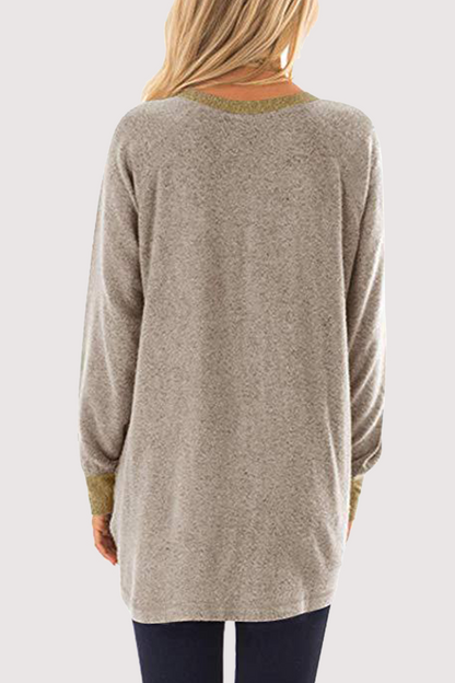 Casual Patchwork Pocket O Neck Tops