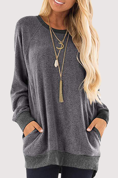 Casual Patchwork Pocket O Neck Tops