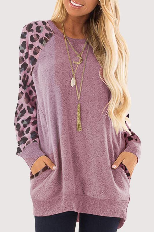 Casual Leopard Split Joint Pocket O Neck Tops