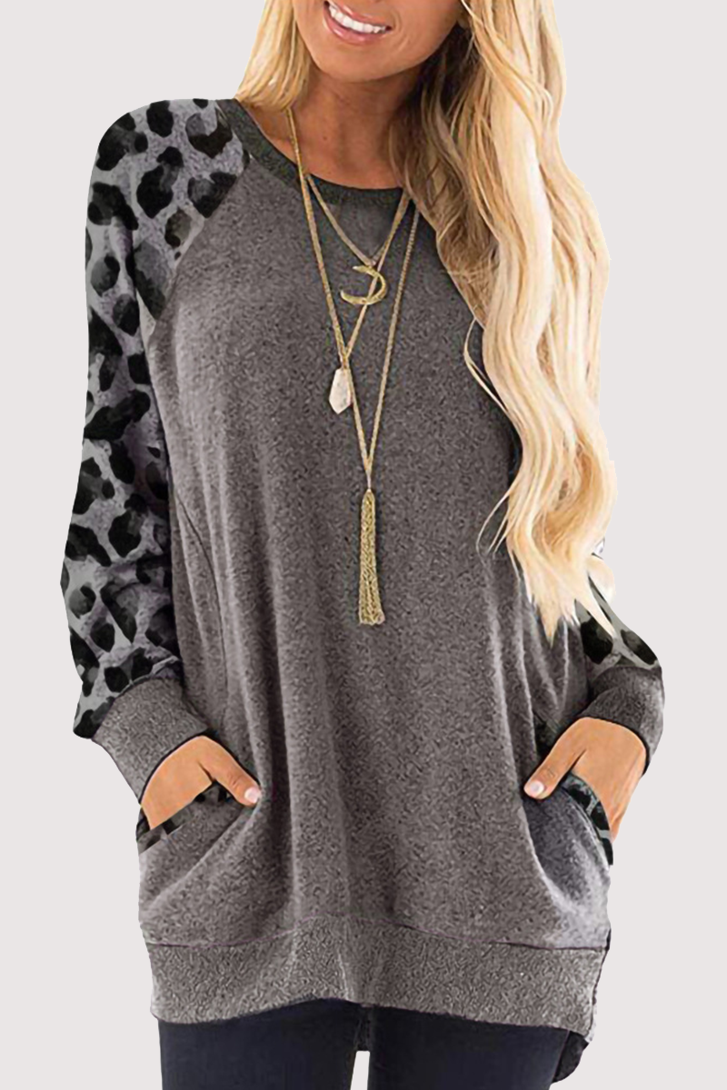 Casual Leopard Split Joint Pocket O Neck Tops