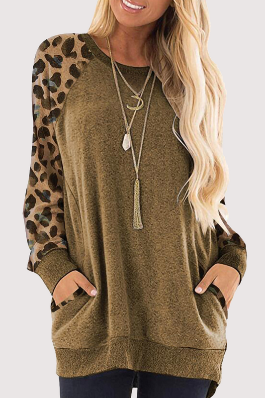 Casual Leopard Split Joint Pocket O Neck Tops