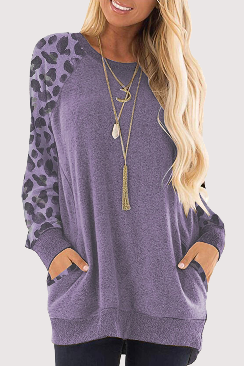 Casual Leopard Split Joint Pocket O Neck Tops