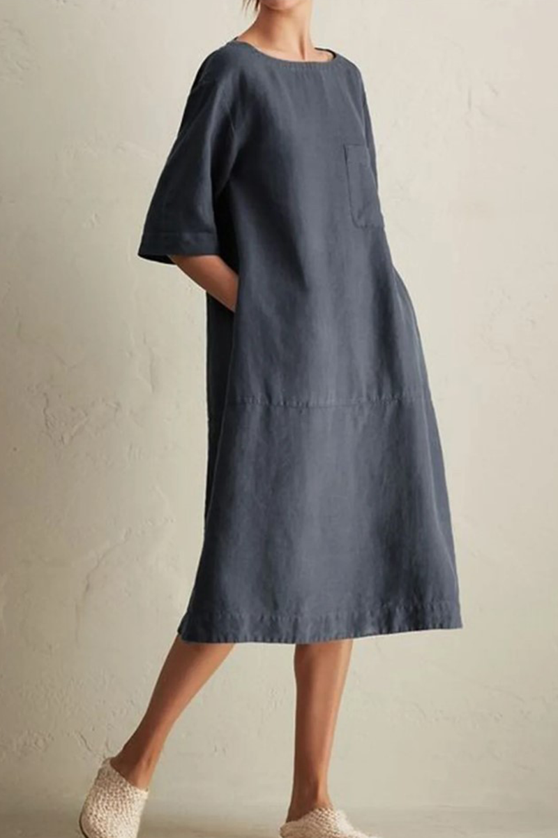 Casual Solid Patchwork Pocket O Neck A Line Dresses(6 Colors)