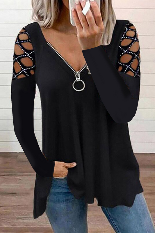 Casual Patchwork Hollowed Out Hot Drill Zipper Collar Tops(7 Colors)