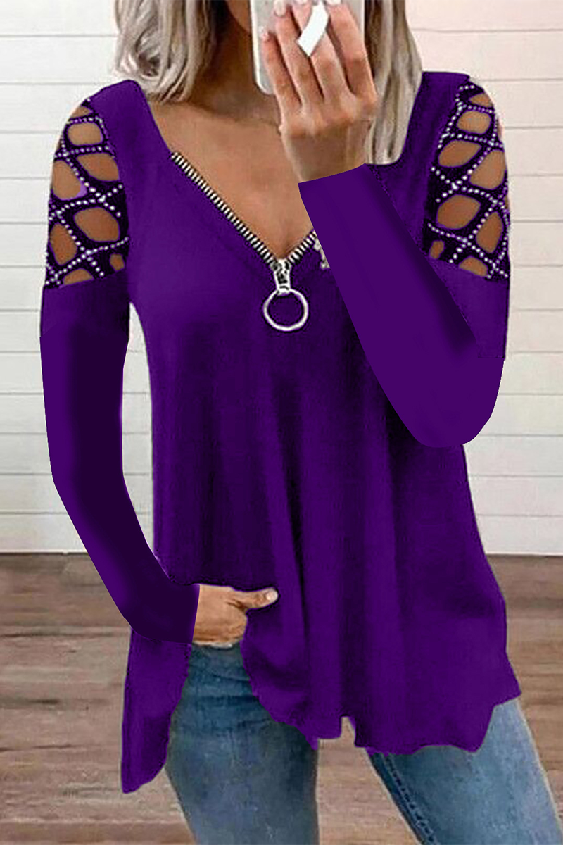Casual Patchwork Hollowed Out Hot Drill Zipper Collar Tops(7 Colors)