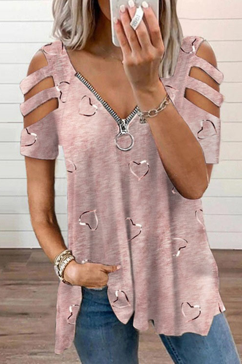 Street Print Hollowed Out Zipper V Neck Tops(6 Colors)
