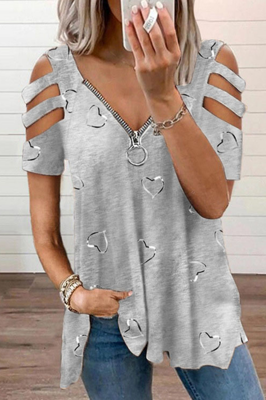 Street Print Hollowed Out Zipper V Neck Tops(6 Colors)