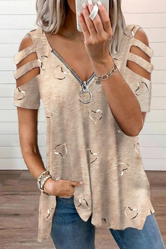 Street Print Hollowed Out Zipper V Neck Tops(6 Colors)