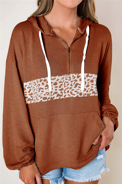 Casual Print Pocket Zipper Hooded Collar Tops