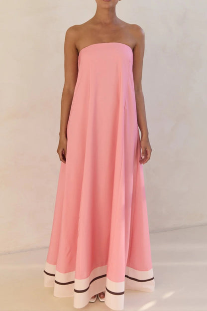 Strapless Tube Contrast Band A-Line Maxi Dress
