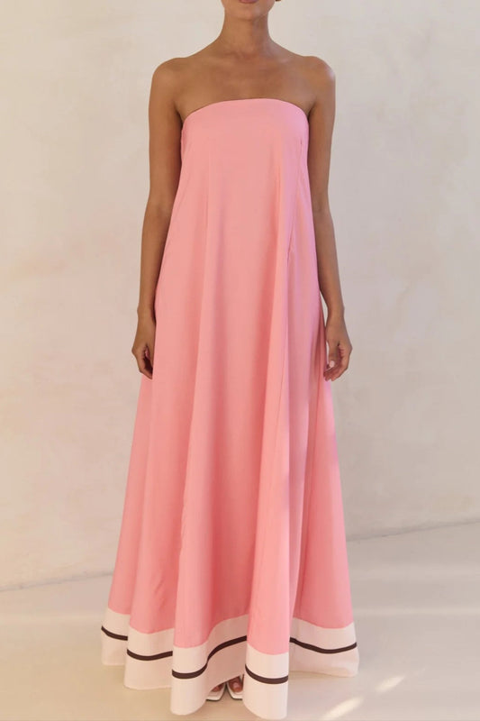 Strapless Tube Contrast Band A-Line Maxi Dress