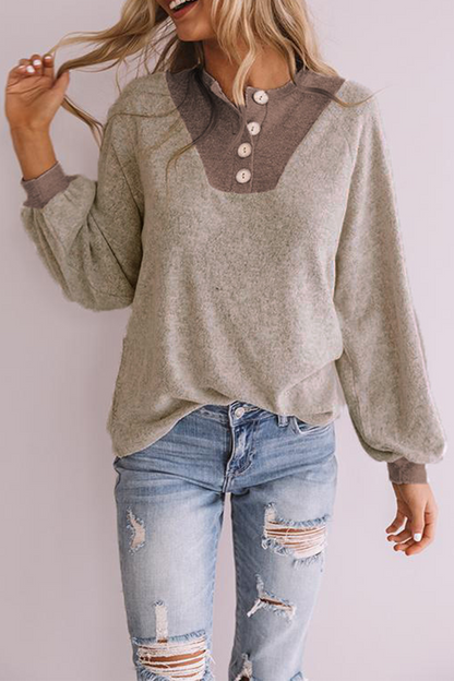 Casual Patchwork Buckle  Contrast O Neck Tops