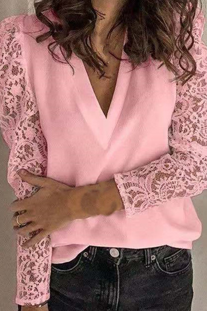 Elegant Solid Lace Hollowed Out V Neck Tops(9 Colors)