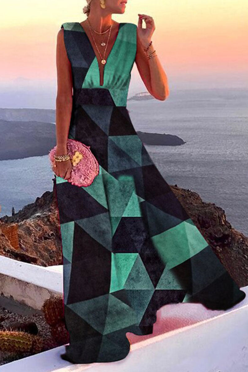 Fashion Simplicity Print V Neck A Line Dresses(4 colors)