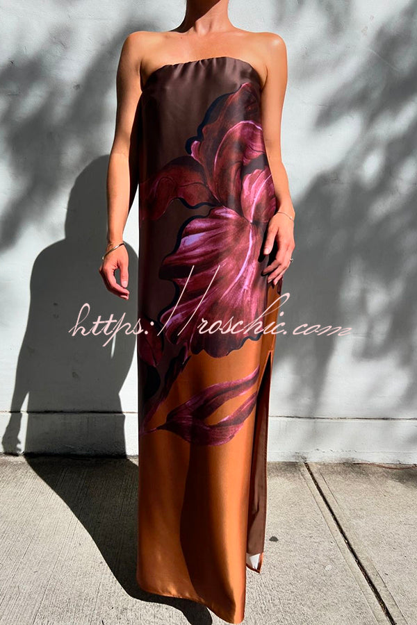Floral Print Sexy Elastic Bandeau Slit Midi Dress