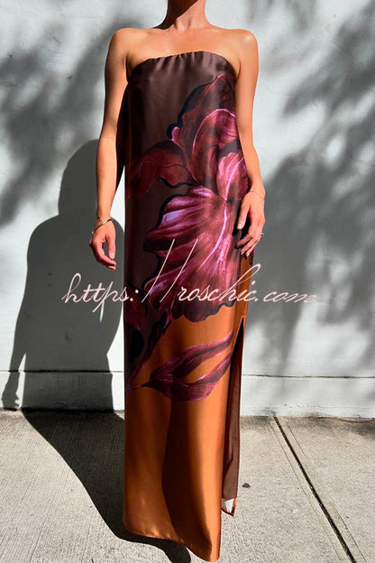 Floral Print Sexy Elastic Bandeau Slit Midi Dress