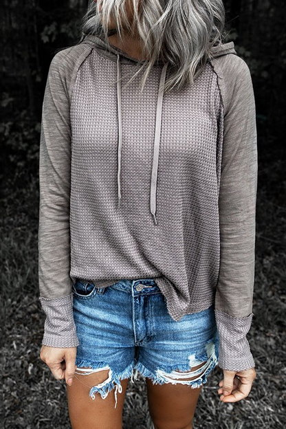 Casual Patchwork Draw String Contrast Hooded Collar Tops(5 Colors)
