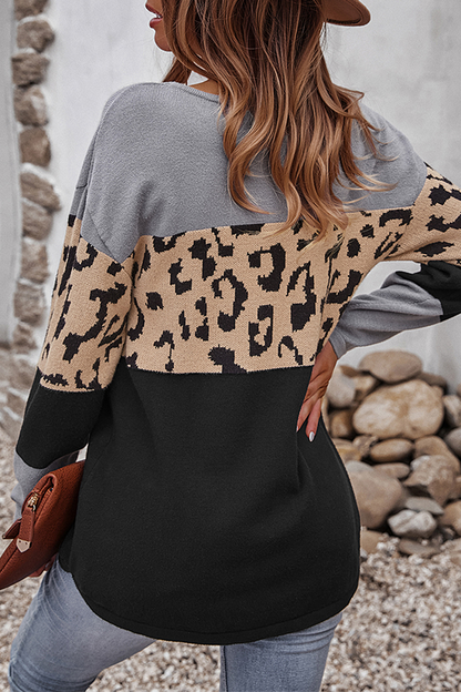 Casual Leopard Patchwork Contrast O Neck Tops