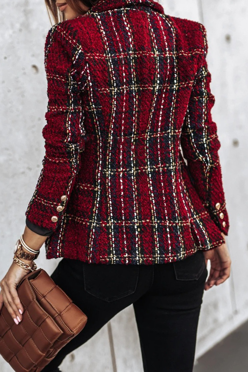 Elegant Plaid Striped Patchwork Buckle Turndown Collar Outerwear(4 Colors)
