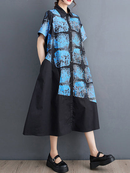 Loose Short Sleeves Abstract Printed Lapel Midi Dresses Shirt Dress