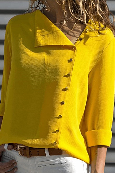 Elegant Solid Patchwork Buckle Oblique Collar Blouses(7 Colors)