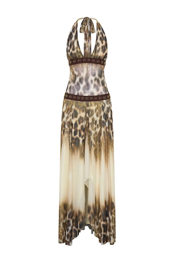 Wild Charm Gold Leopard Print Beaded Patchwork Halter Backless Maxi Dress