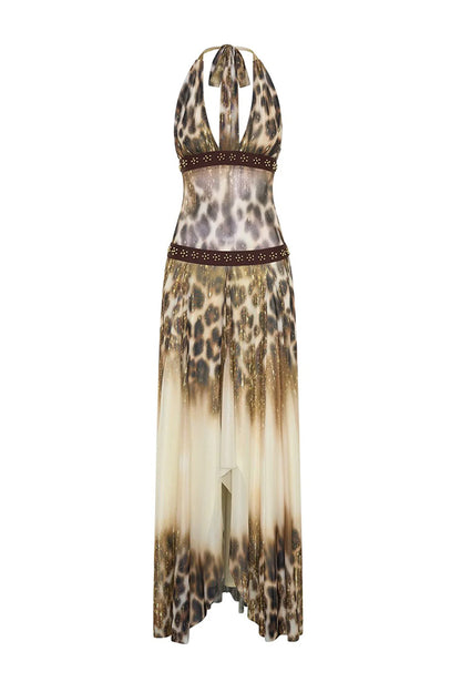 Wild Charm Gold Leopard Print Beaded Patchwork Halter Backless Maxi Dress