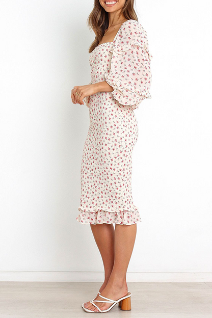 Elegant Floral Flounce Square Collar Pencil Skirt Dresses