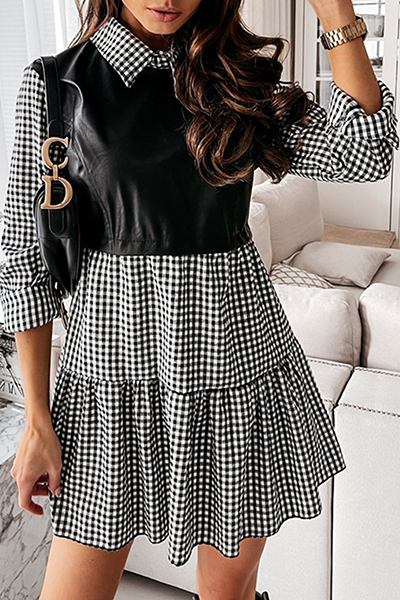 Elegant Patchwork Flounce Contrast Turndown Collar A Line Dresses(3 Colors)