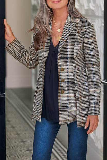 Elegant Plaid Buckle Turn-back Collar Outerwear